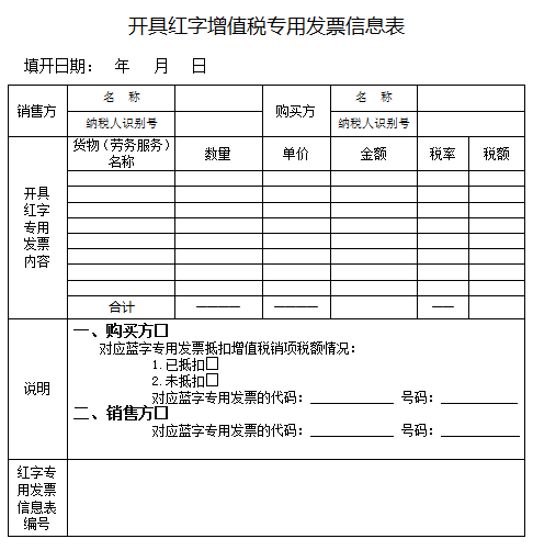 開具紅字增值稅專用發票信息表
